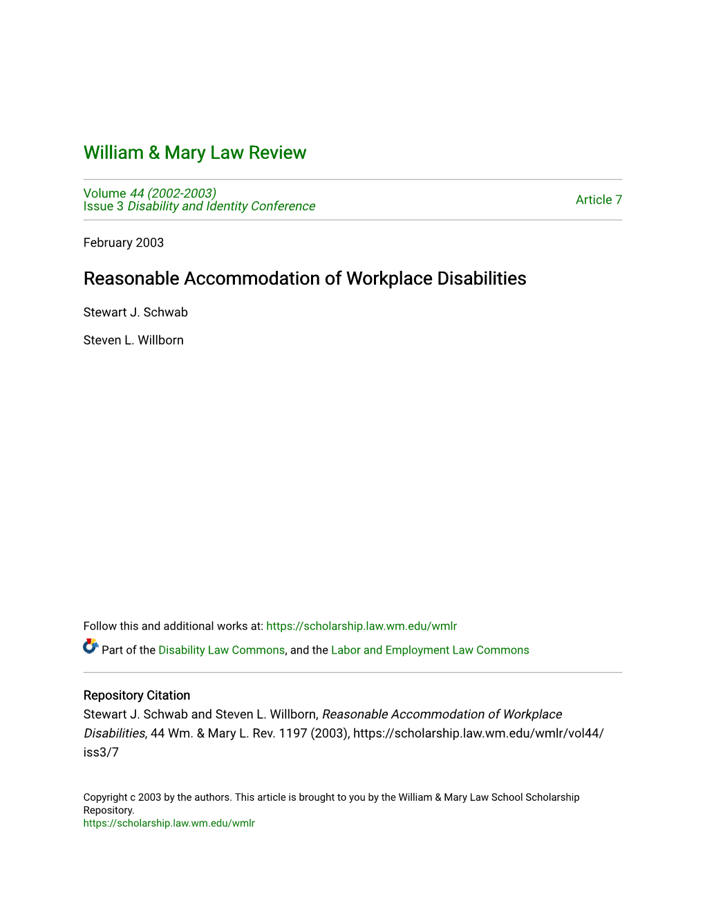 Reasonable Accommodation of Workplace Disabilities