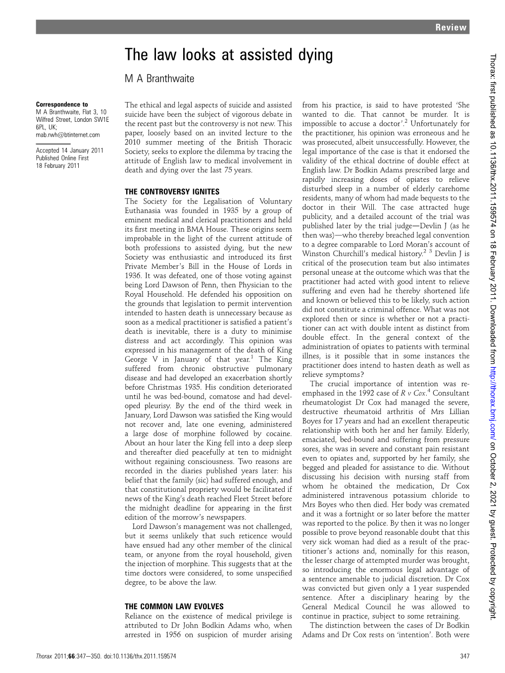 The Law Looks at Assisted Dying Thorax: First Published As 10.1136/Thx.2011.159574 on 18 February 2011