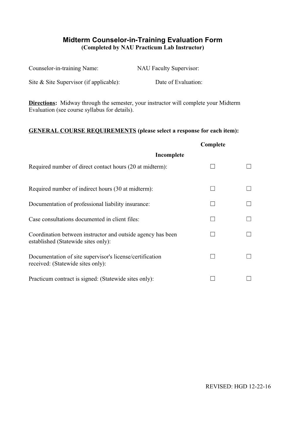 Midterm Counselor-In-Training Evaluation Form