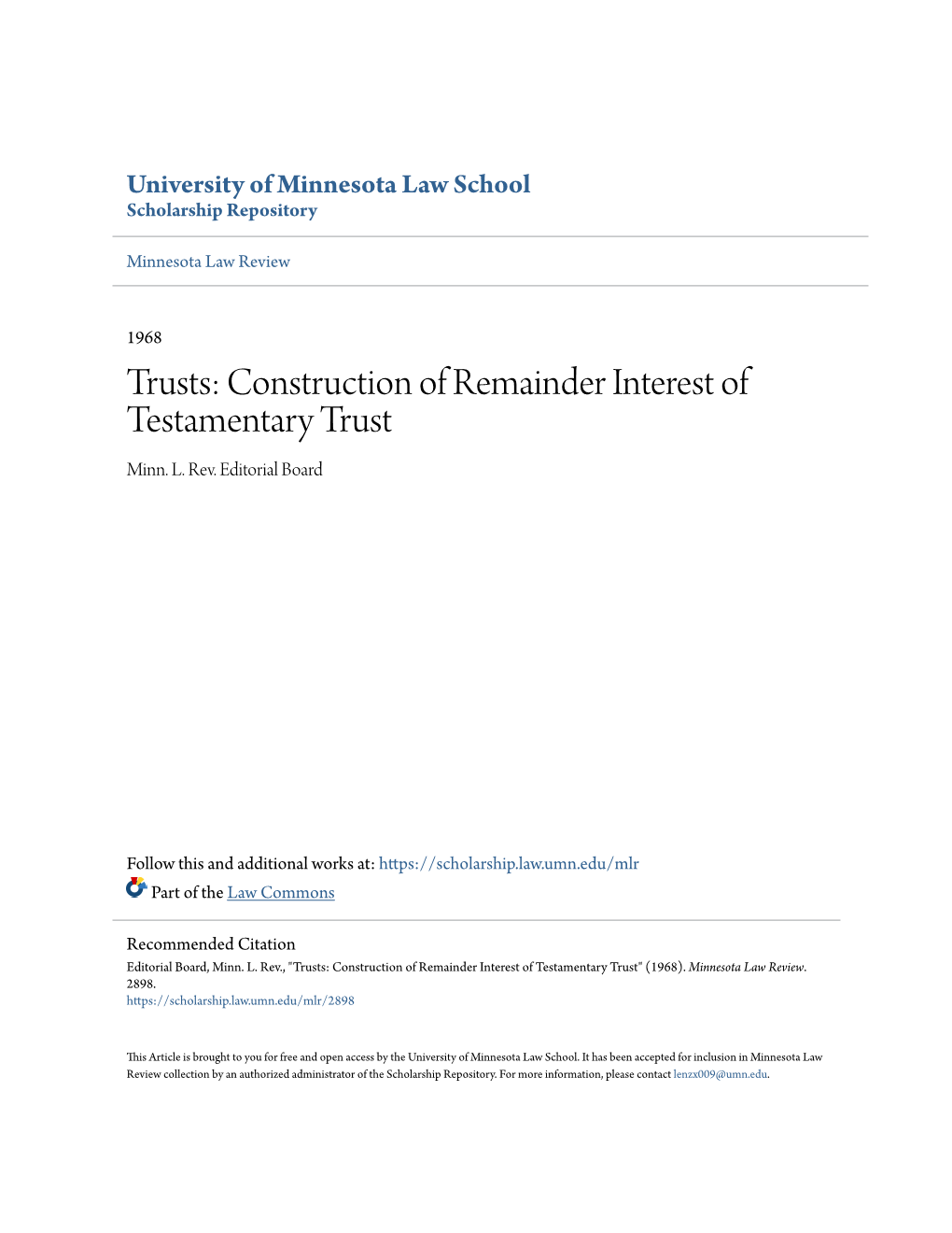 Trusts: Construction of Remainder Interest of Testamentary Trust Minn
