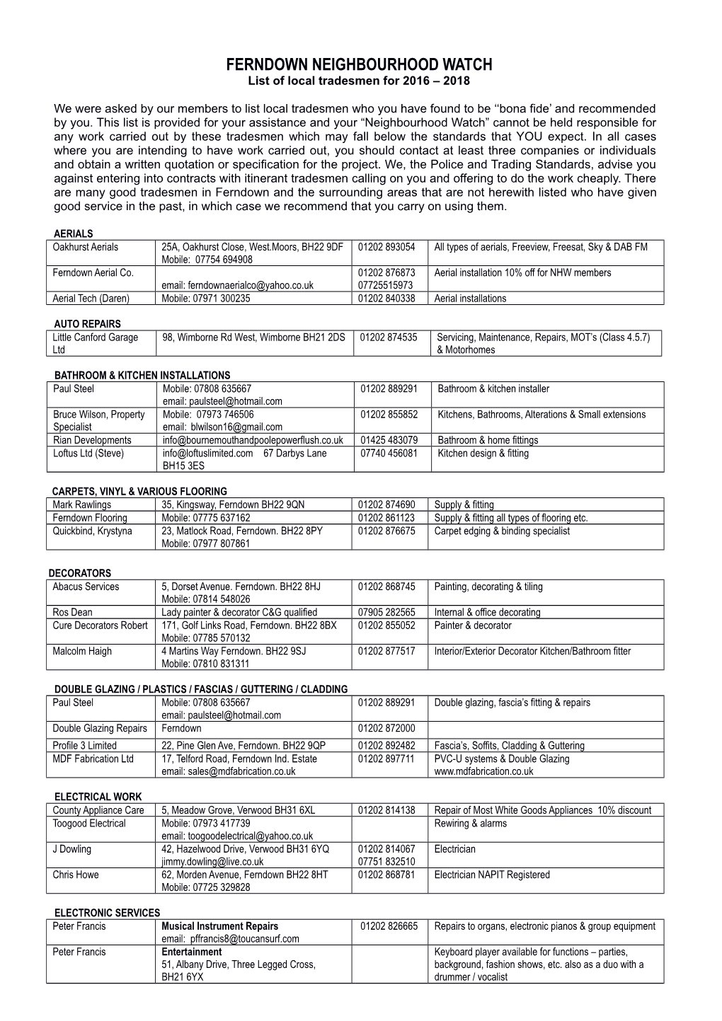 FERNDOWN NEIGHBOURHOOD WATCH List of Local Tradesmen for 2016 – 2018