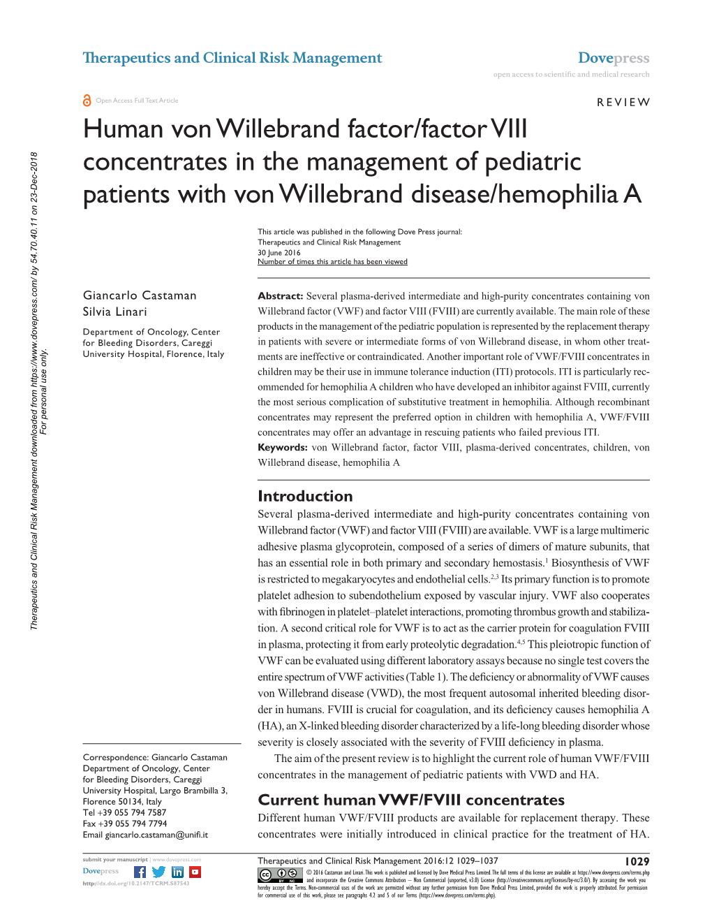 Human Von Willebrand Factor/Factor VIII Concentrates in the Management of Pediatric Patients with Von Willebrand Disease/Hemophilia A