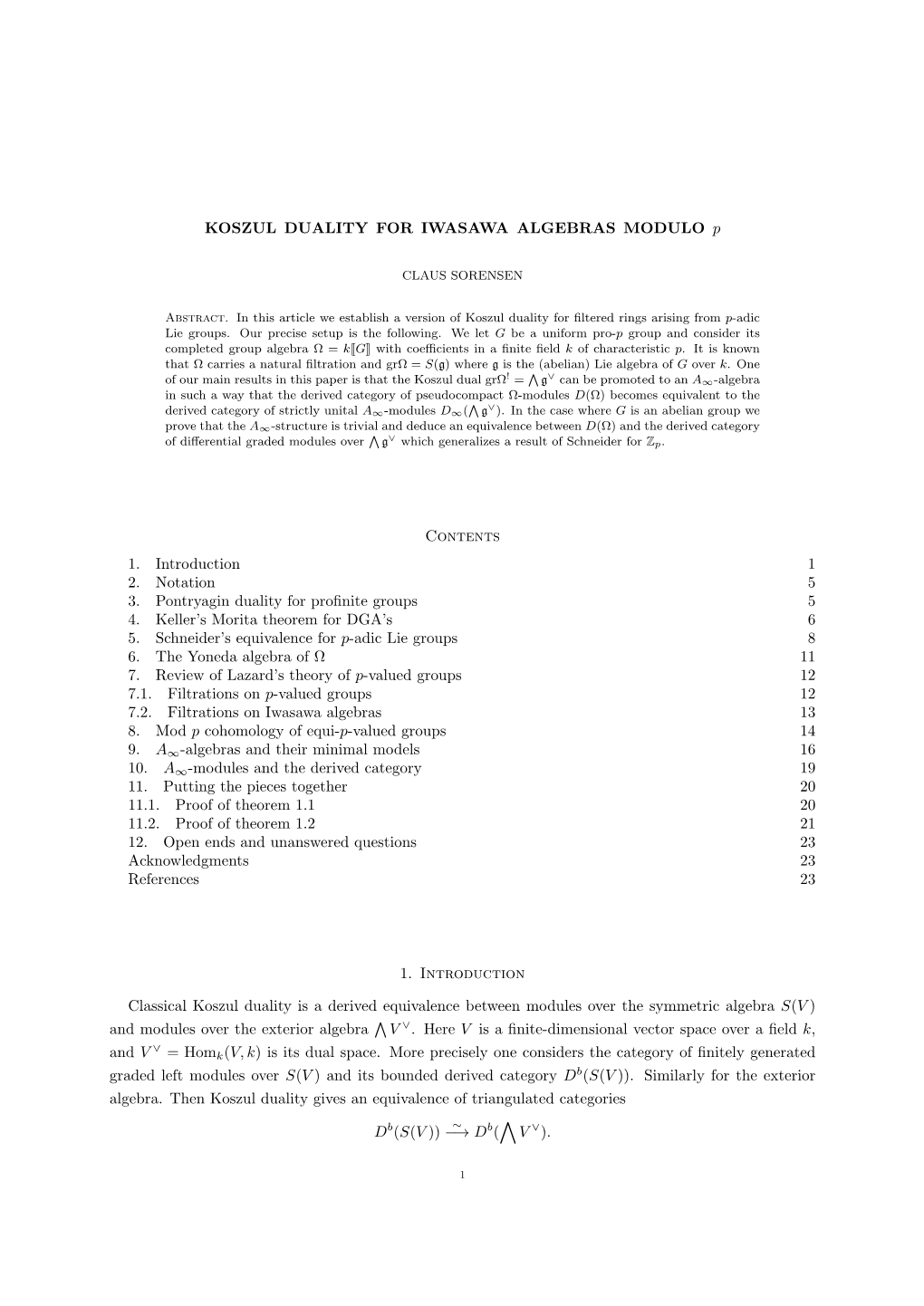 KOSZUL DUALITY for IWASAWA ALGEBRAS MODULO P