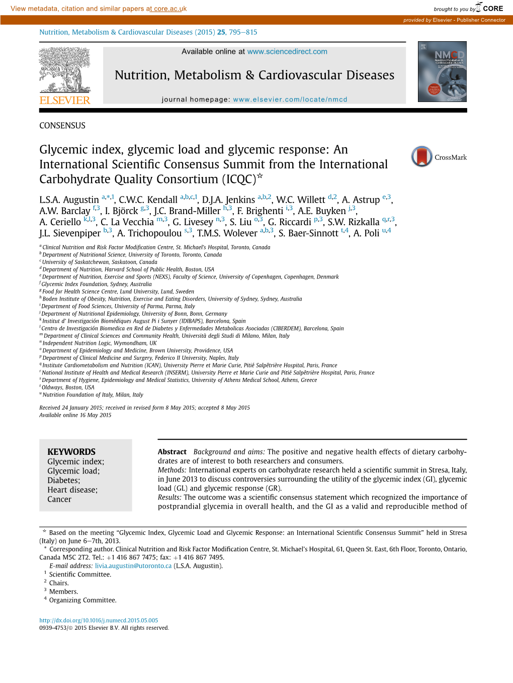 Glycemic Index, Glycemic Load and Glycemic Response: an International Scientiﬁc Consensus Summit from the International Carbohydrate Quality Consortium (ICQC)*