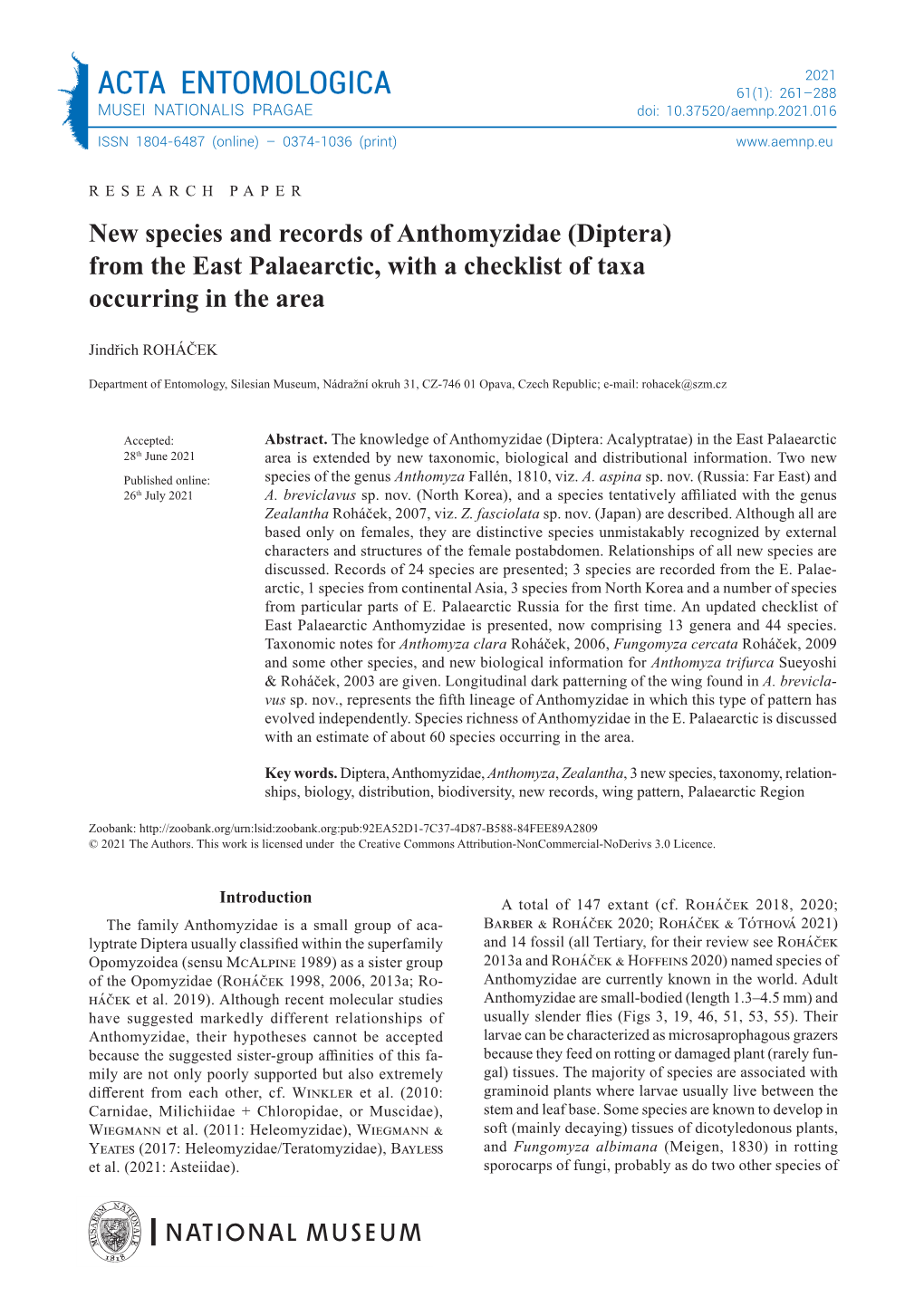 ACTA ENTOMOLOGICA 61(1): 261–288 MUSEI NATIONALIS PRAGAE Doi: 10.37520/Aemnp.2021.016