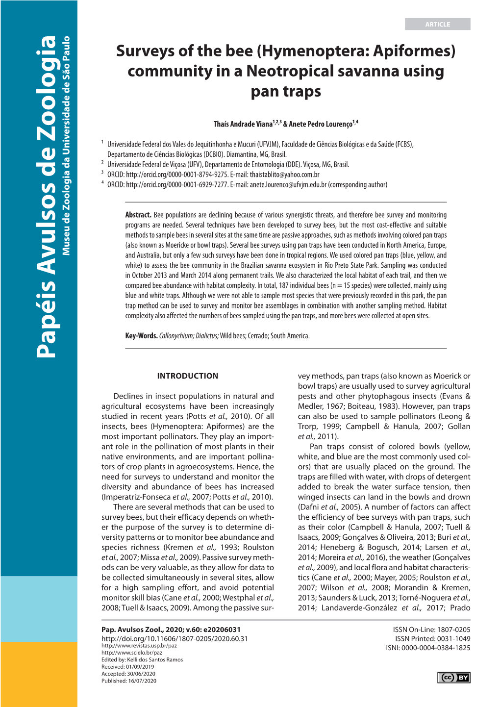 Hymenoptera: Apiformes) Community in a Neotropical Savanna Using Pan Traps