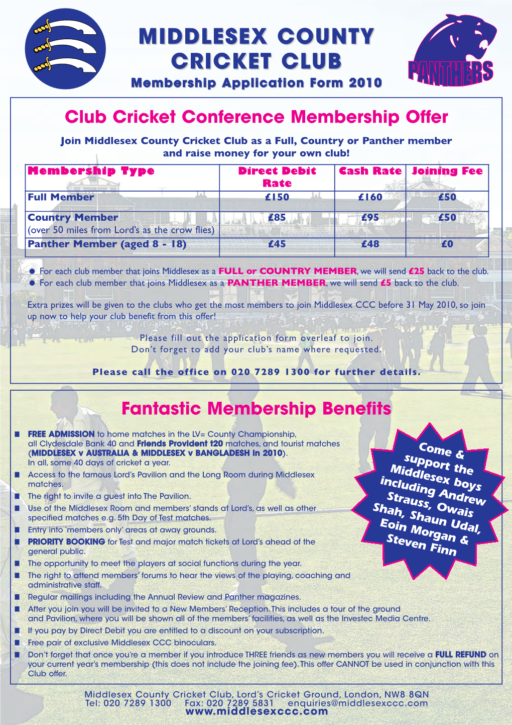 Middlesex County Cricket Club As a Full, Country Or Panther Member and Raise Money for Your Own Club!