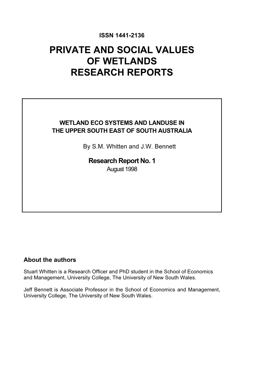 Private and Social Values of Wetlands Research Reports