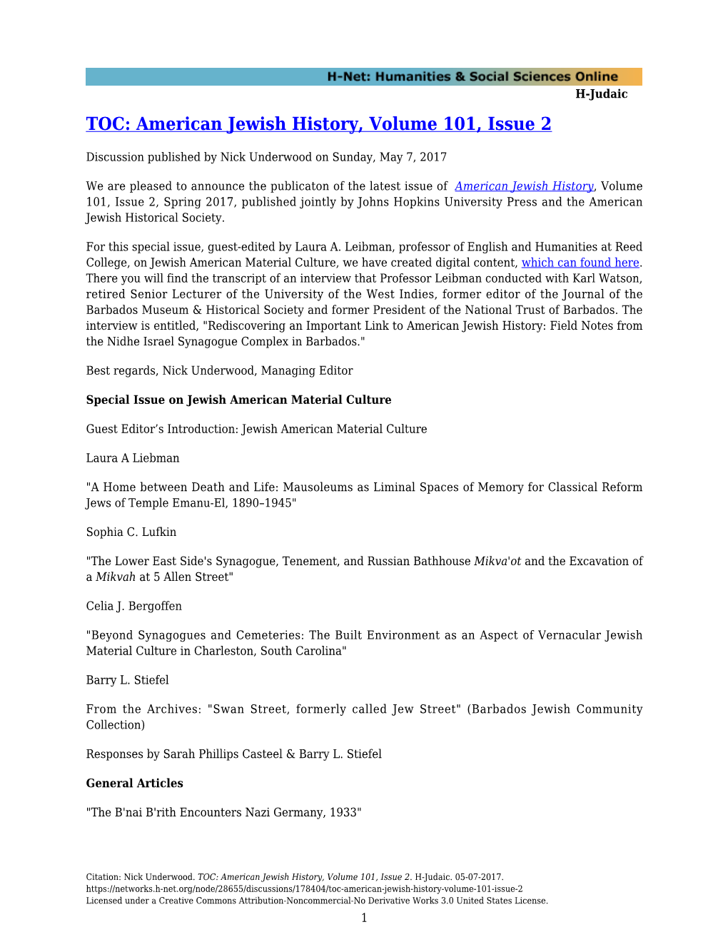 TOC: American Jewish History, Volume 101, Issue 2