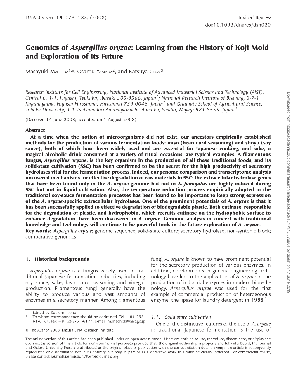 Genomics of Aspergillus Oryzae: Learning from the History of Koji Mold and Exploration of Its Future