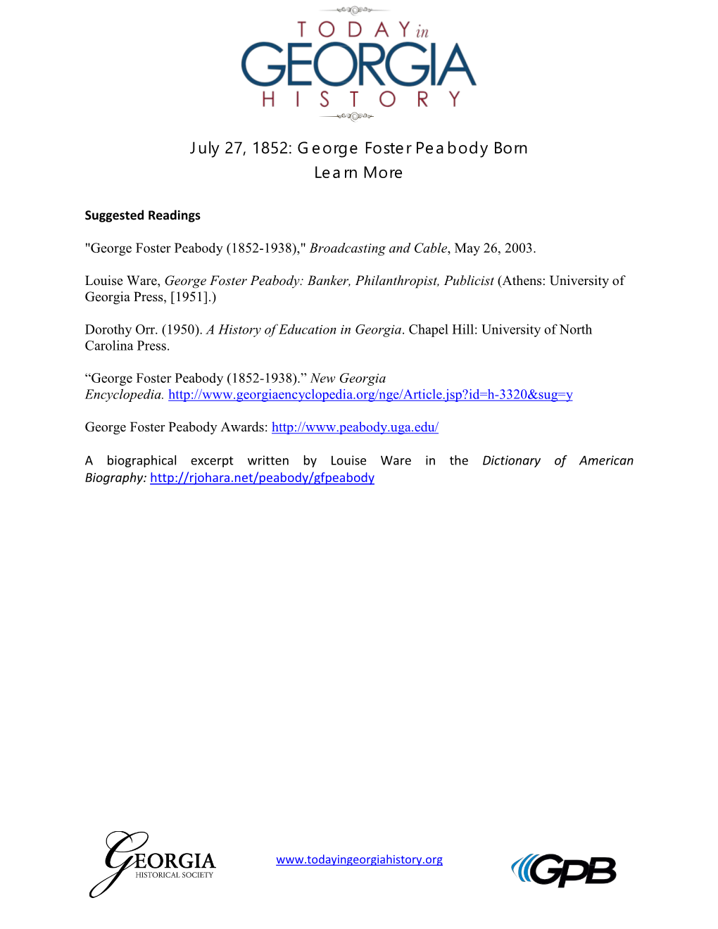 July 27, 1852: George Foster Peabody Born Learn More