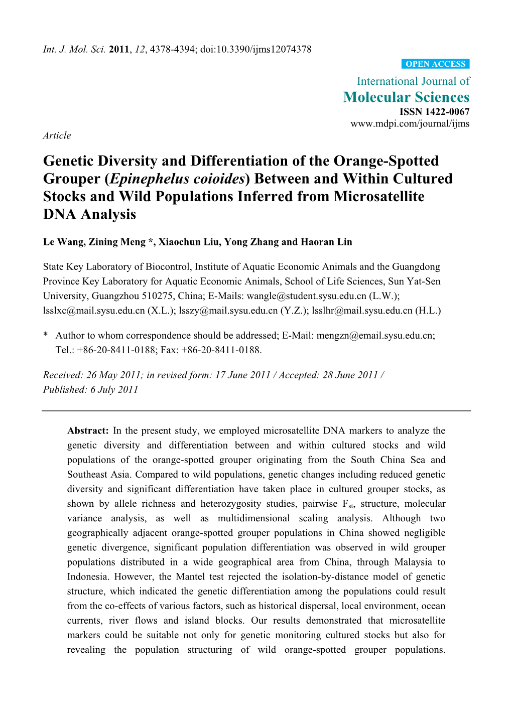 Epinephelus Coioides) Between and Within Cultured Stocks and Wild Populations Inferred from Microsatellite DNA Analysis