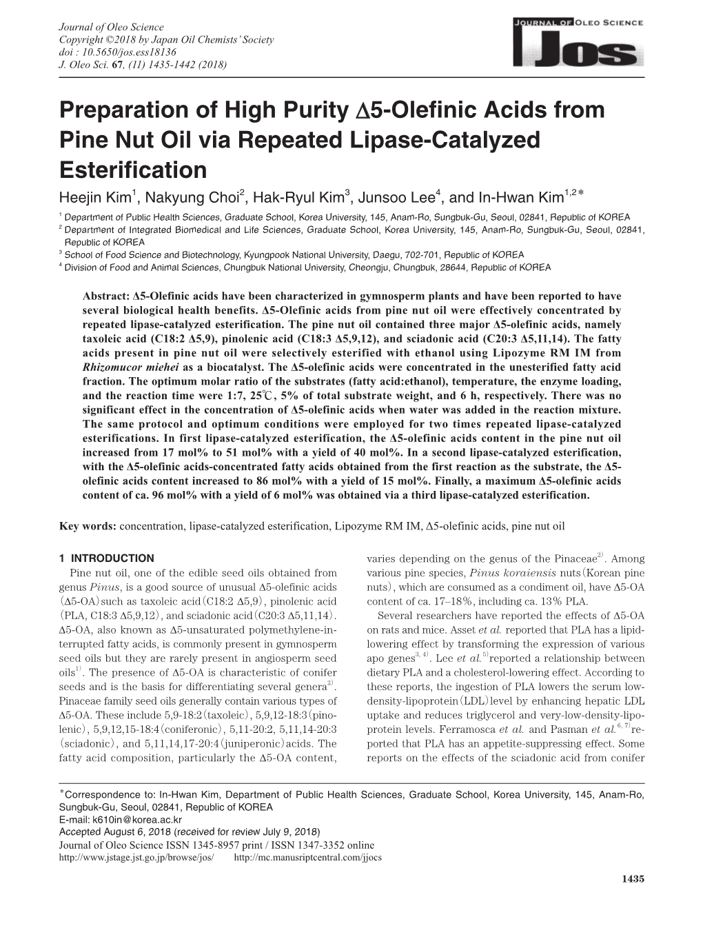 Preparation of High Purity Δ5-Olefinic Acids from Pine Nut Oil Via