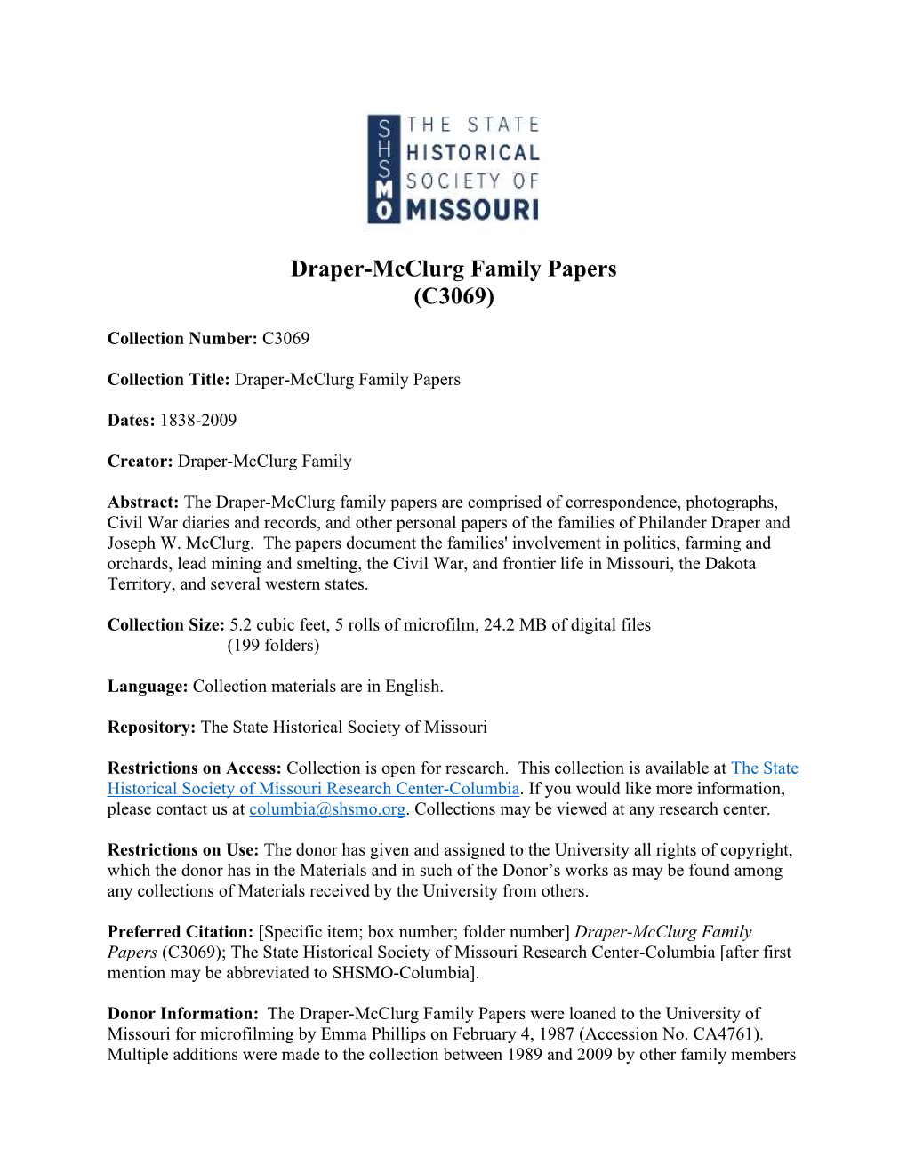Draper-Mcclurg Family Papers (C3069)