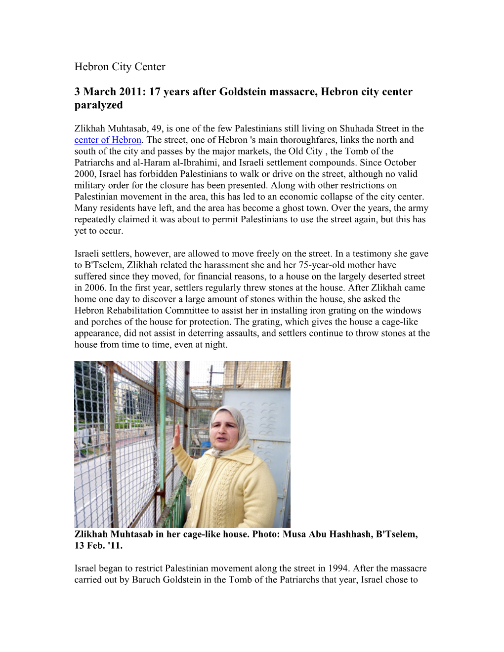 Hebron City Center 3 March 2011: 17 Years After Goldstein Massacre