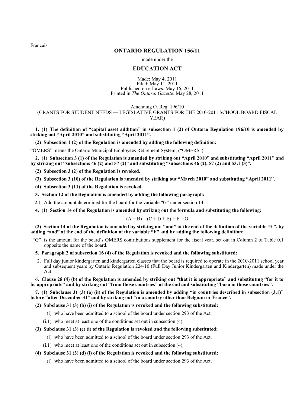 EDUCATION ACT - O. Reg. 156/11