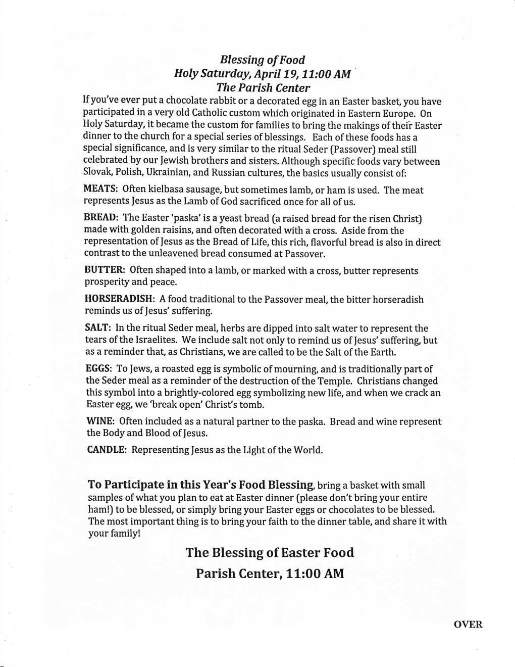The Blessing of Easter Food Parish Center, 11:00 AM