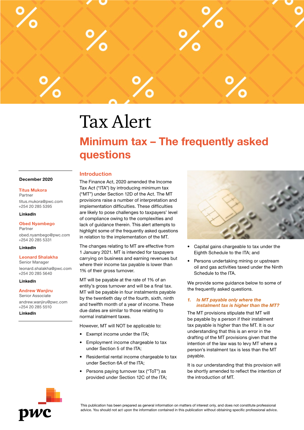 Tax Alert Minimum Tax – the Frequently Asked Questions