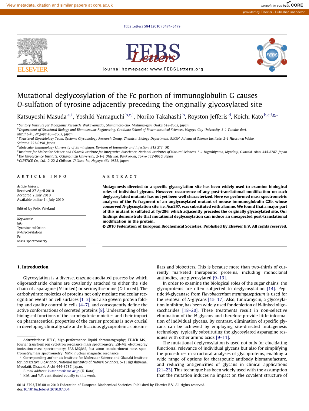 Mutational Deglycosylation of the Fc Portion of Immunoglobulin G Causes O-Sulfation of Tyrosine Adjacently Preceding the Originally Glycosylated Site