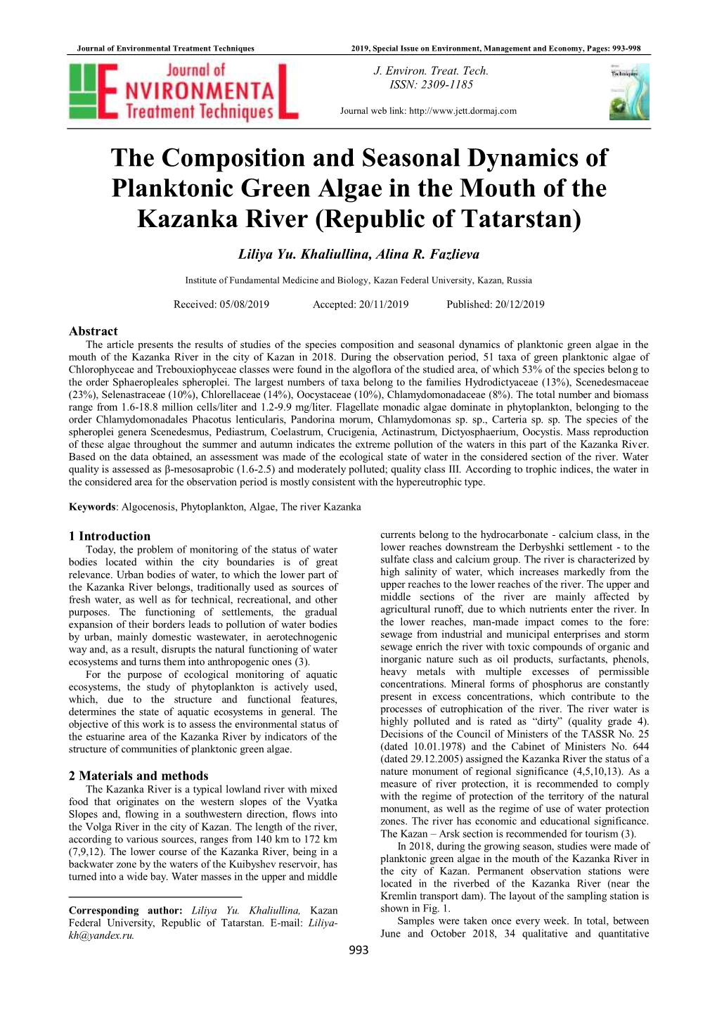 The Composition and Seasonal Dynamics of Planktonic Green Algae in the Mouth of the Kazanka River (Republic of Tatarstan)