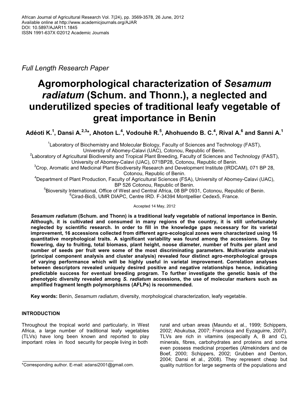 Agromorphological Characterization of Sesamum Radiatum (Schum