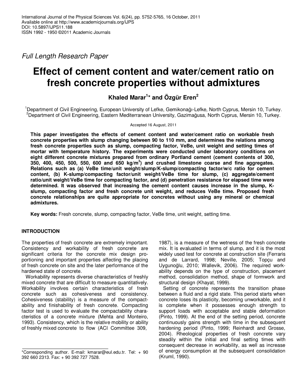 Effect of Cement Content and Water/Cement Ratio on Fresh Concrete Properties Without Admixtures