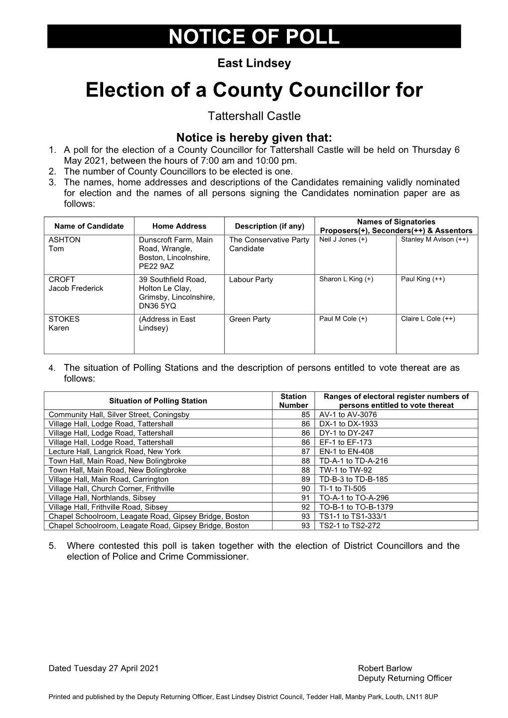 NOTICE of POLL Election of a County Councillor