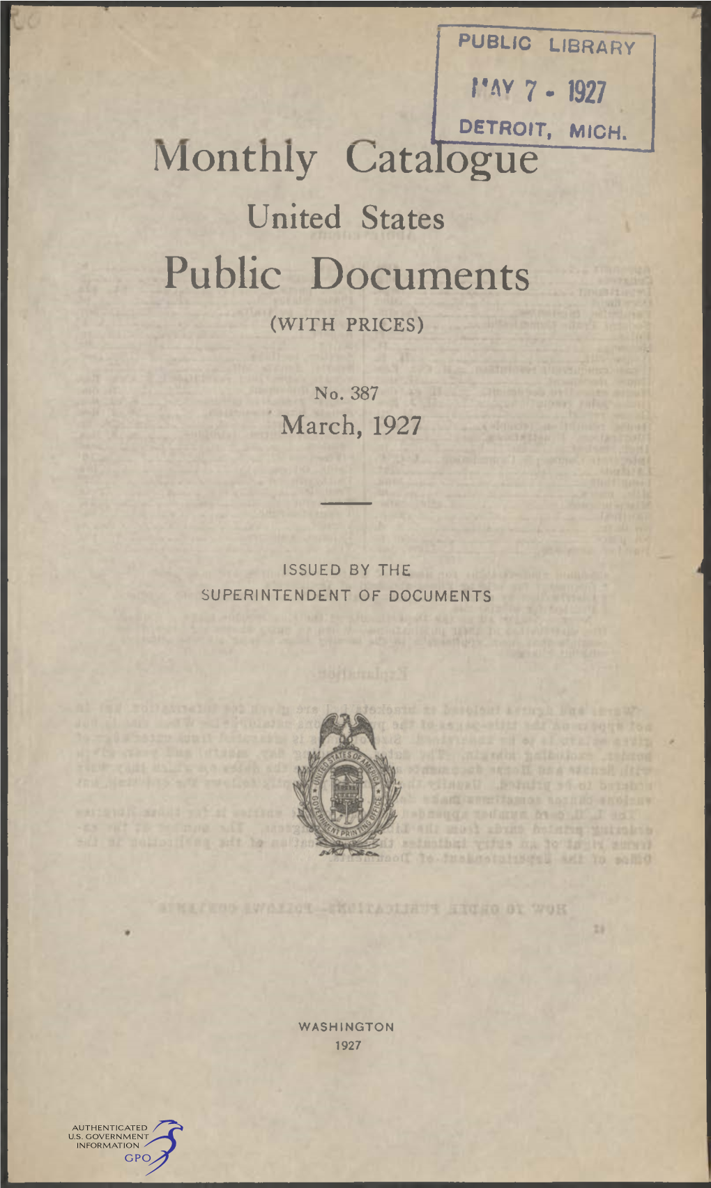Monthly Catalogue, United States Public Documents, March 1927