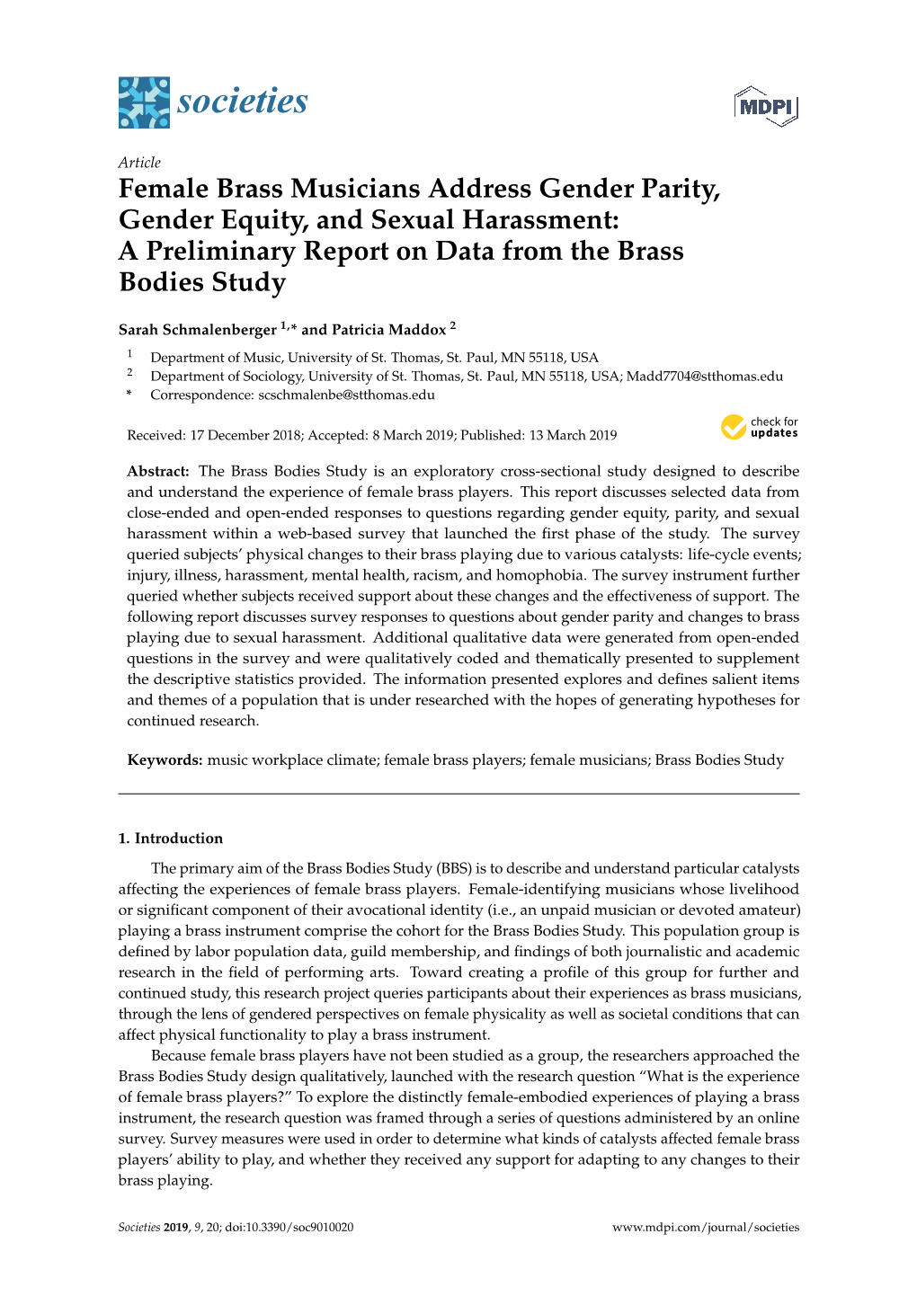 Female Brass Musicians Address Gender Parity, Gender Equity, and Sexual Harassment: a Preliminary Report on Data from the Brass Bodies Study