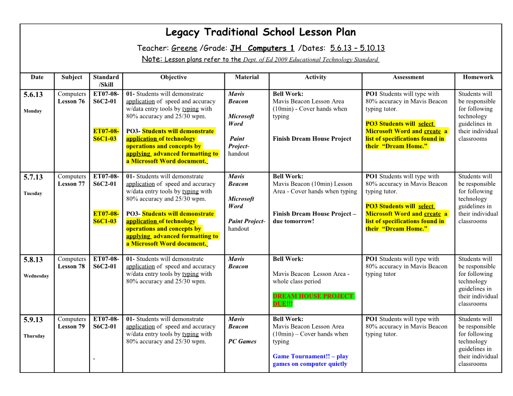 Legacy Traditional School Lesson Plan