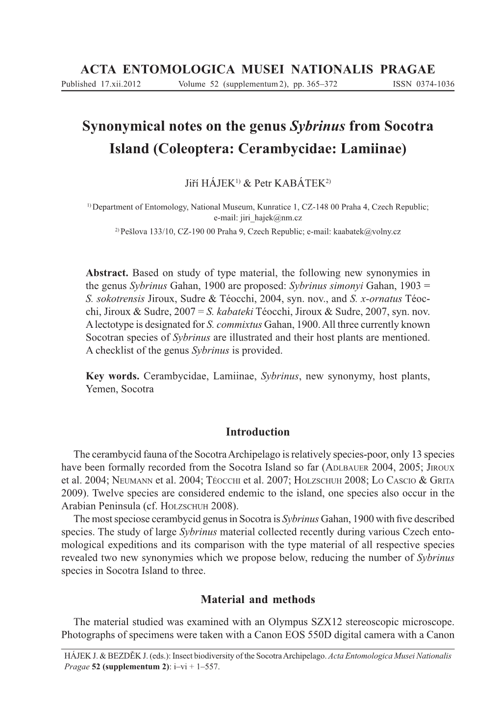 Synonymical Notes on the Genus Sybrinus from Socotra Island (Coleoptera: Cerambycidae: Lamiinae)