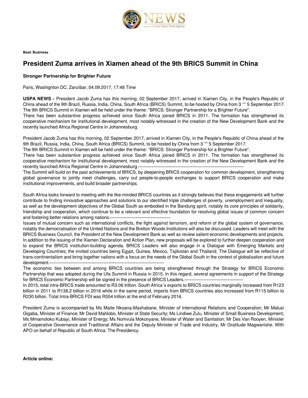 President Zuma Arrives in Xiamen Ahead of the 9Th BRICS Summit in China