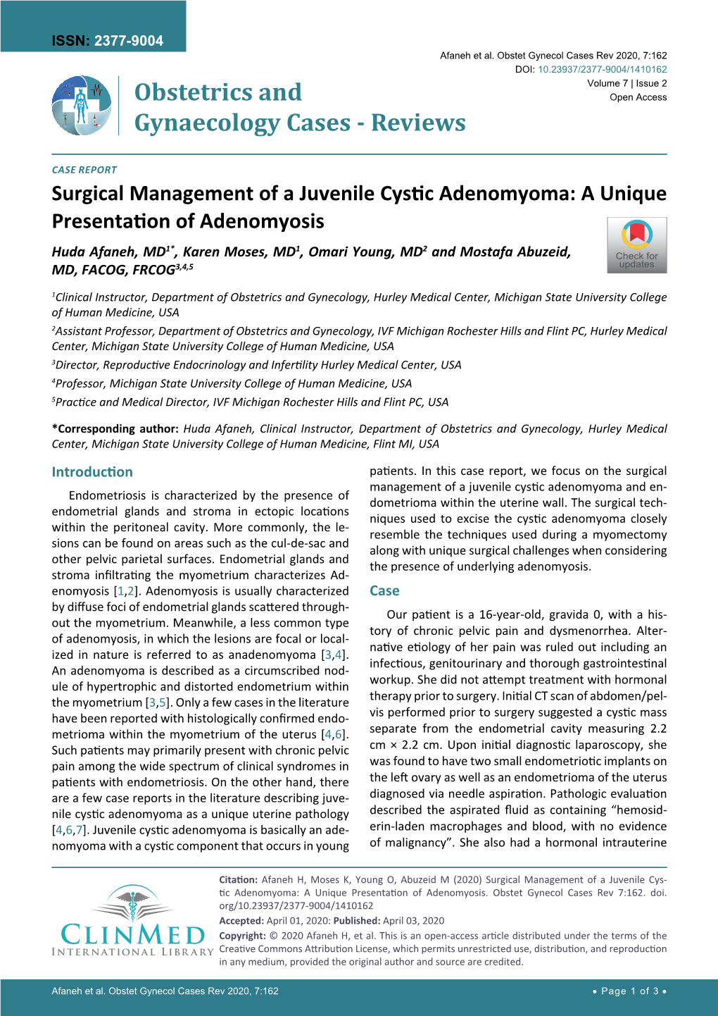 Surgical Management of a Juvenile Cystic Adenomyoma: a Unique Presentation of Adenomyosis