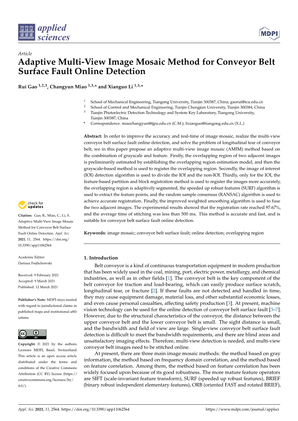 Adaptive Multi-View Image Mosaic Method for Conveyor Belt Surface Fault Online Detection