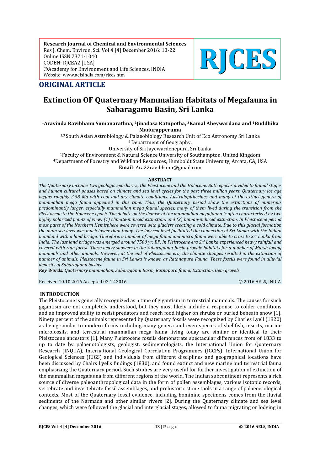 Extinction of Quaternary Mammalian Habitats of Megafauna in Sabaragamu Basin, Sri Lanka