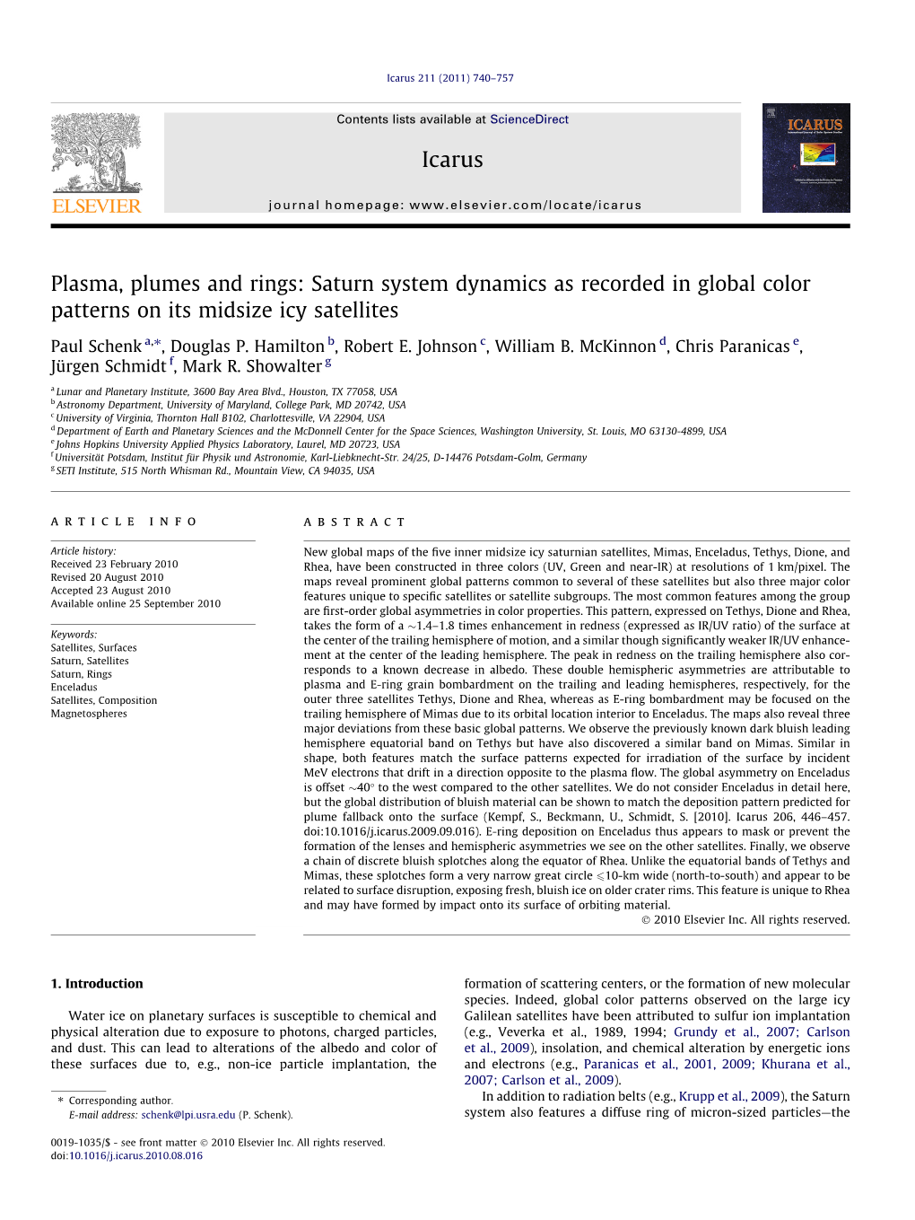 Saturn System Dynamics As Recorded in Global Color Patterns on Its Midsize Icy Satellites ⇑ Paul Schenk A, , Douglas P