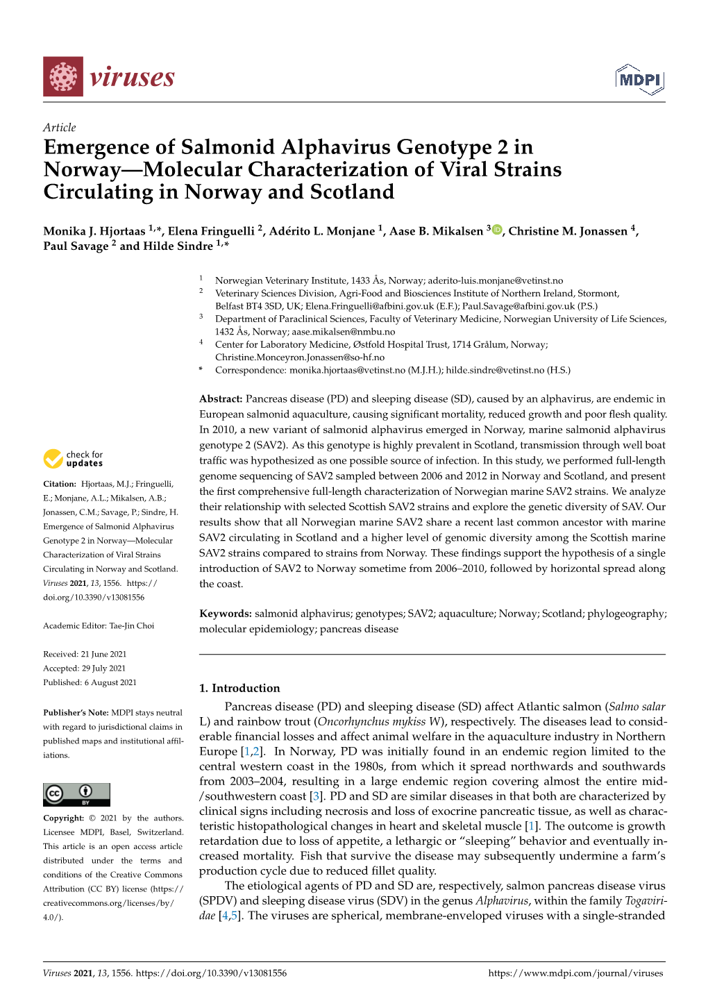 Emergence of Salmonid Alphavirus Genotype 2 in Norway—Molecular Characterization of Viral Strains Circulating in Norway and Scotland