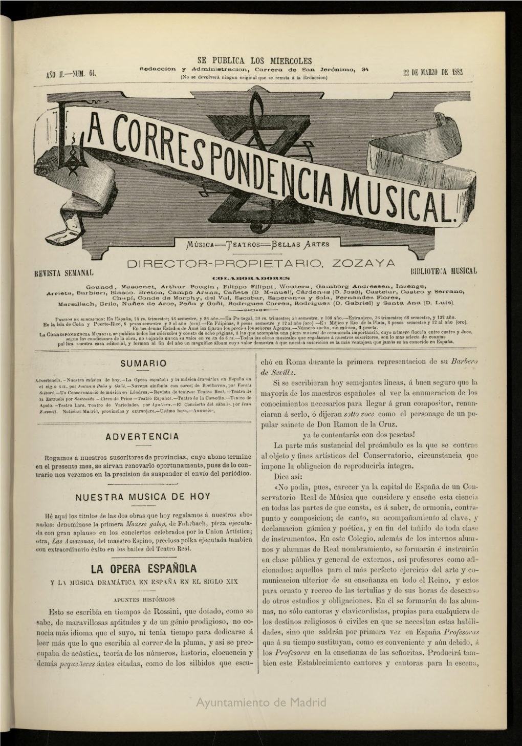 La Correspondencia Musical: Música, Teatros, Bellas Artes, De 22 De Marzo De 1882, Nº 64