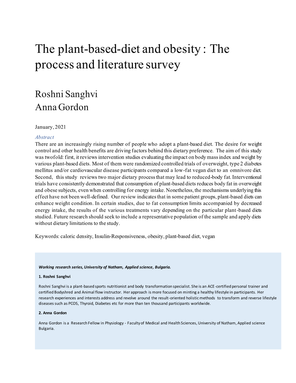 The Plant-Based-Diet and Obesity : the Process and Literature Survey