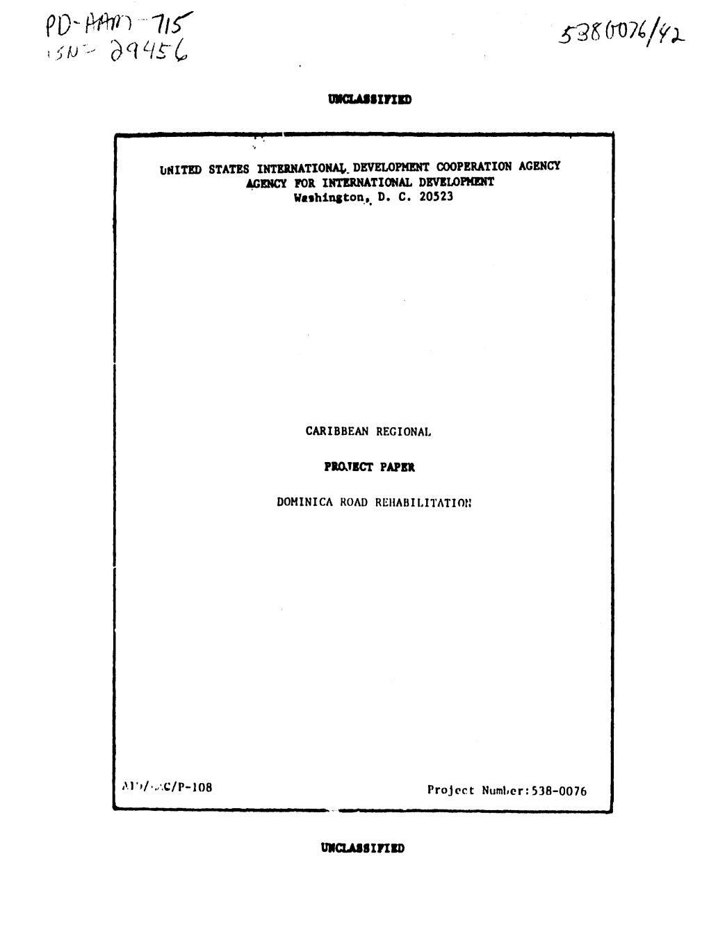 Uilted STATES INTERNATIONA4. DEVELOPMENT COOPERATION AGENCY AGENCY for INTERNATIONAL DEVELOPMENT Washington