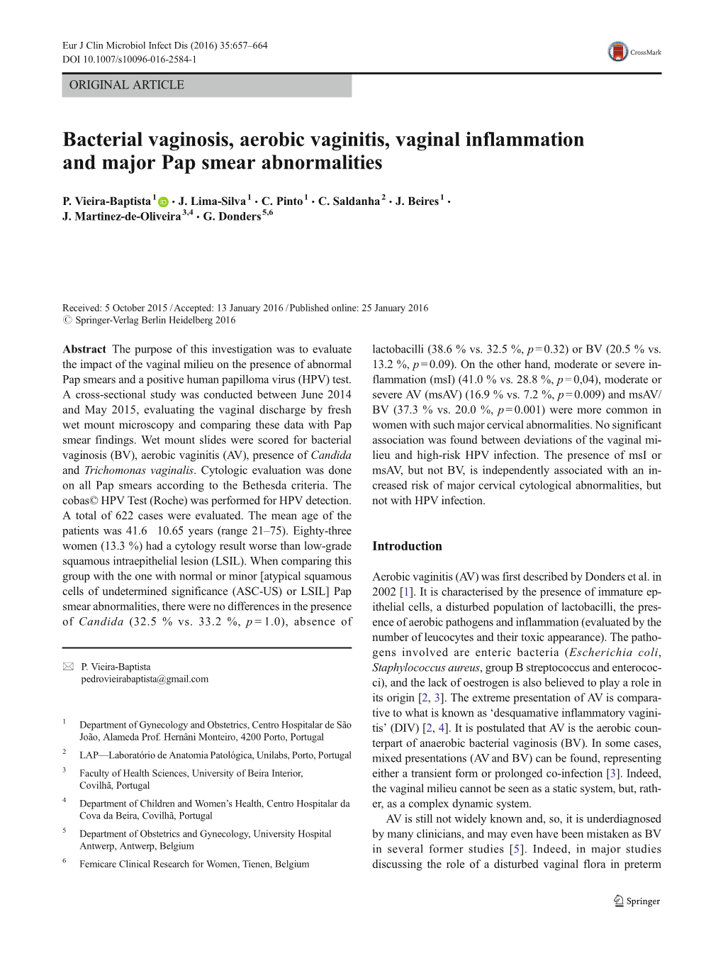 Bacterial Vaginosis, Aerobic Vaginitis, Vaginal Inflammation and Major Pap Smear Abnormalities