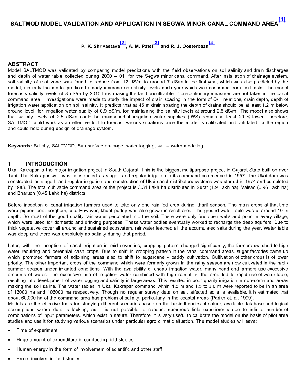 Saltmod Model Validation and Application in Segwa Minor Canal Command Area