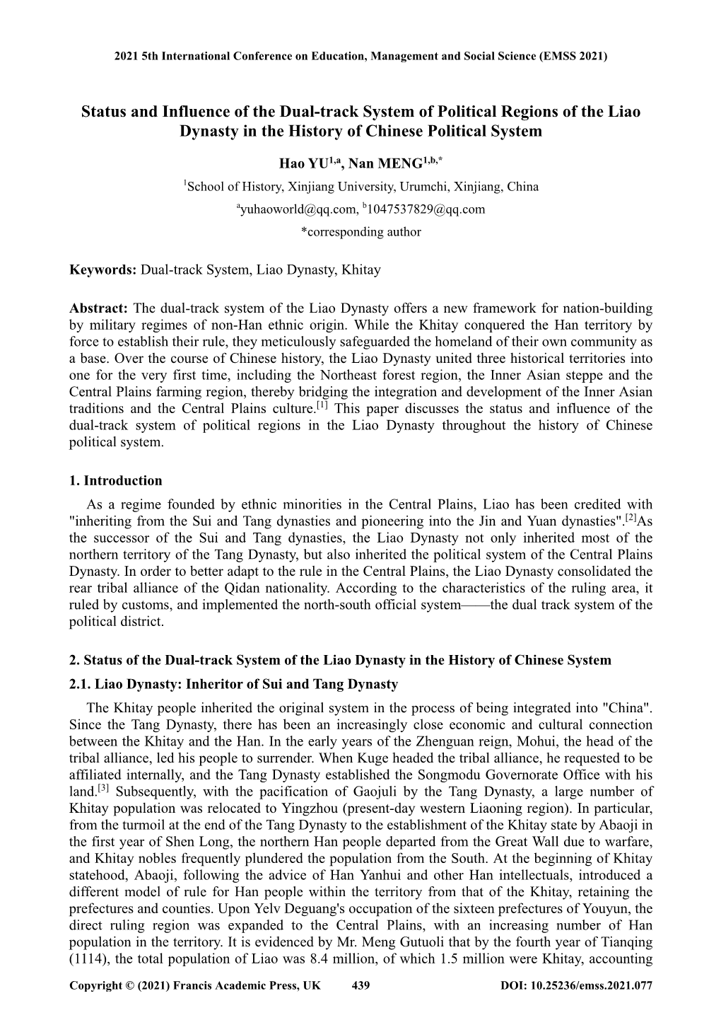 Status and Influence of the Dual-Track System of Political Regions of the Liao Dynasty in the History of Chinese Political System