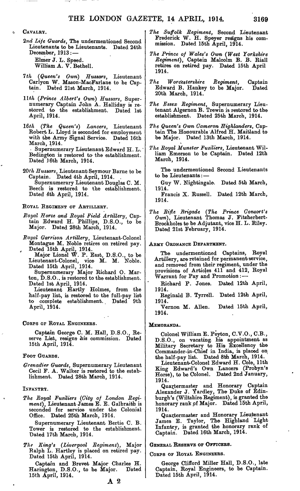 The London Gazette, 14 April, 1914. 3169 Cavalry