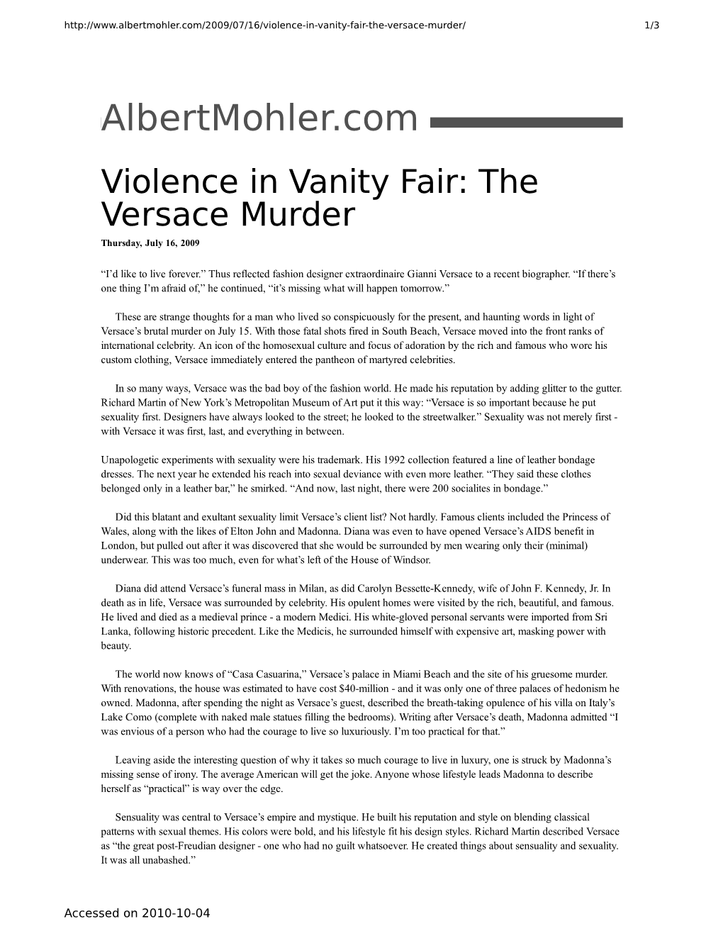 Albertmohler.Com – Violence in Vanity Fair: the Versace Murder