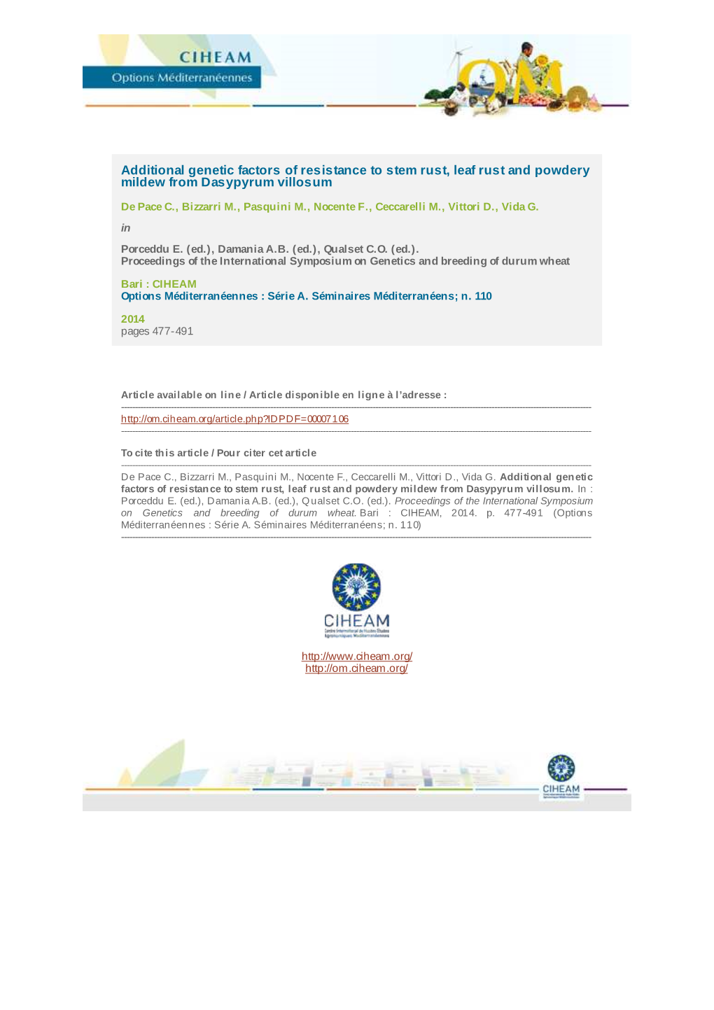 Additional Genetic Factors of Resistance to Stem Rust, Leaf Rust and Powdery Mildew from Dasypyrum Villosum