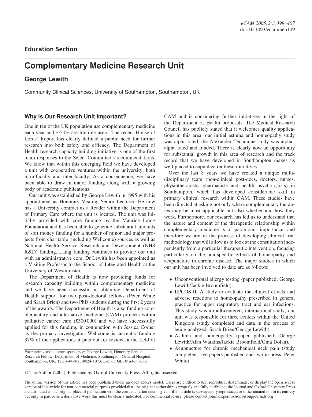 Complementary Medicine Research Unit George Lewith