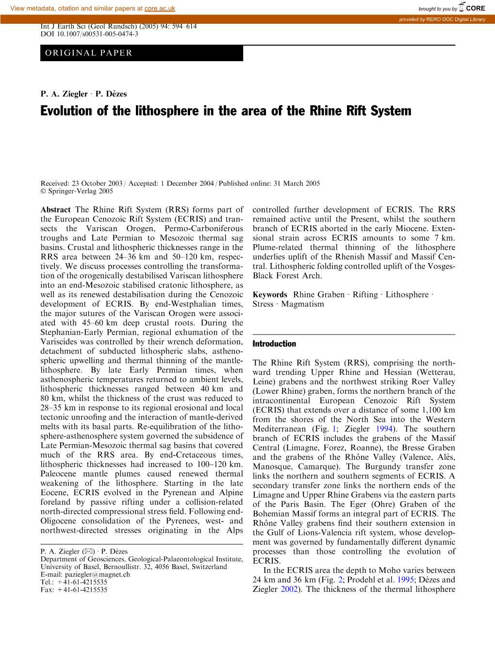 Evolution of the Lithosphere in the Area of the Rhine Rift System