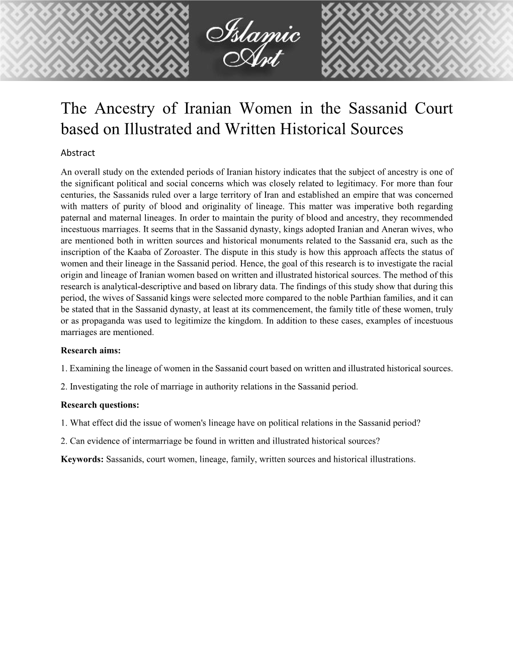 The Ancestry of Iranian Women in the Sassanid Court Based on Illustrated and Written Historical Sources