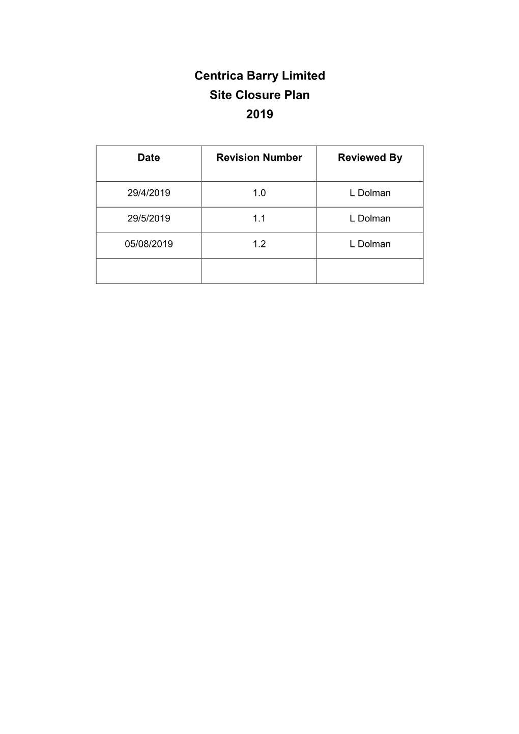 Centrica Barry Limited Site Closure Plan 2019